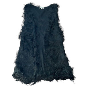 Umgee Black Fringe Faux Fur Open Long Boho Bohemian Sleeveless Vest Size Medium